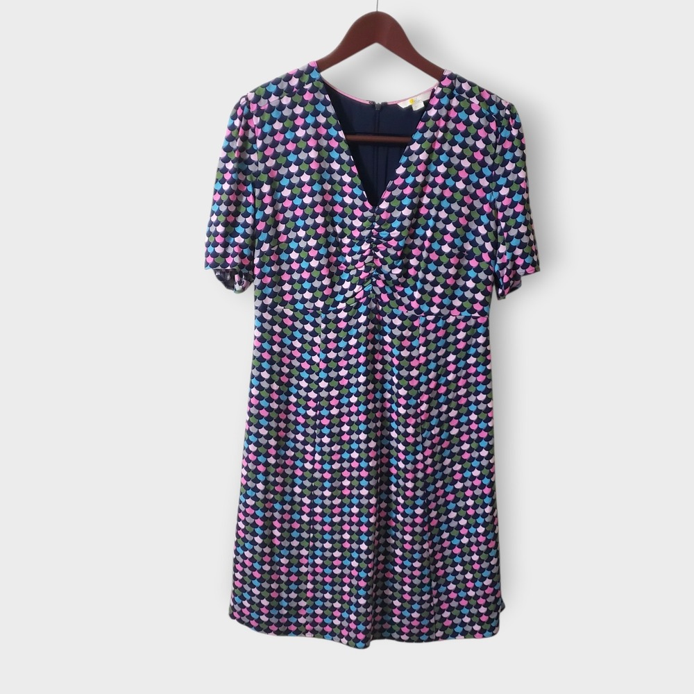 Boden Jemima Ruched Dress Womens Size US 8R Multi-Color Geo Print Chiffon‎